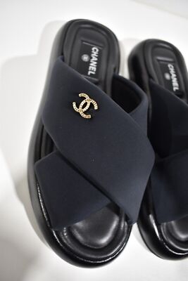 Pre-owned Chanel Rev Black Fabric Criss Cross Puffy Cc Logo Slide Mule Sandal Flop Flat 37