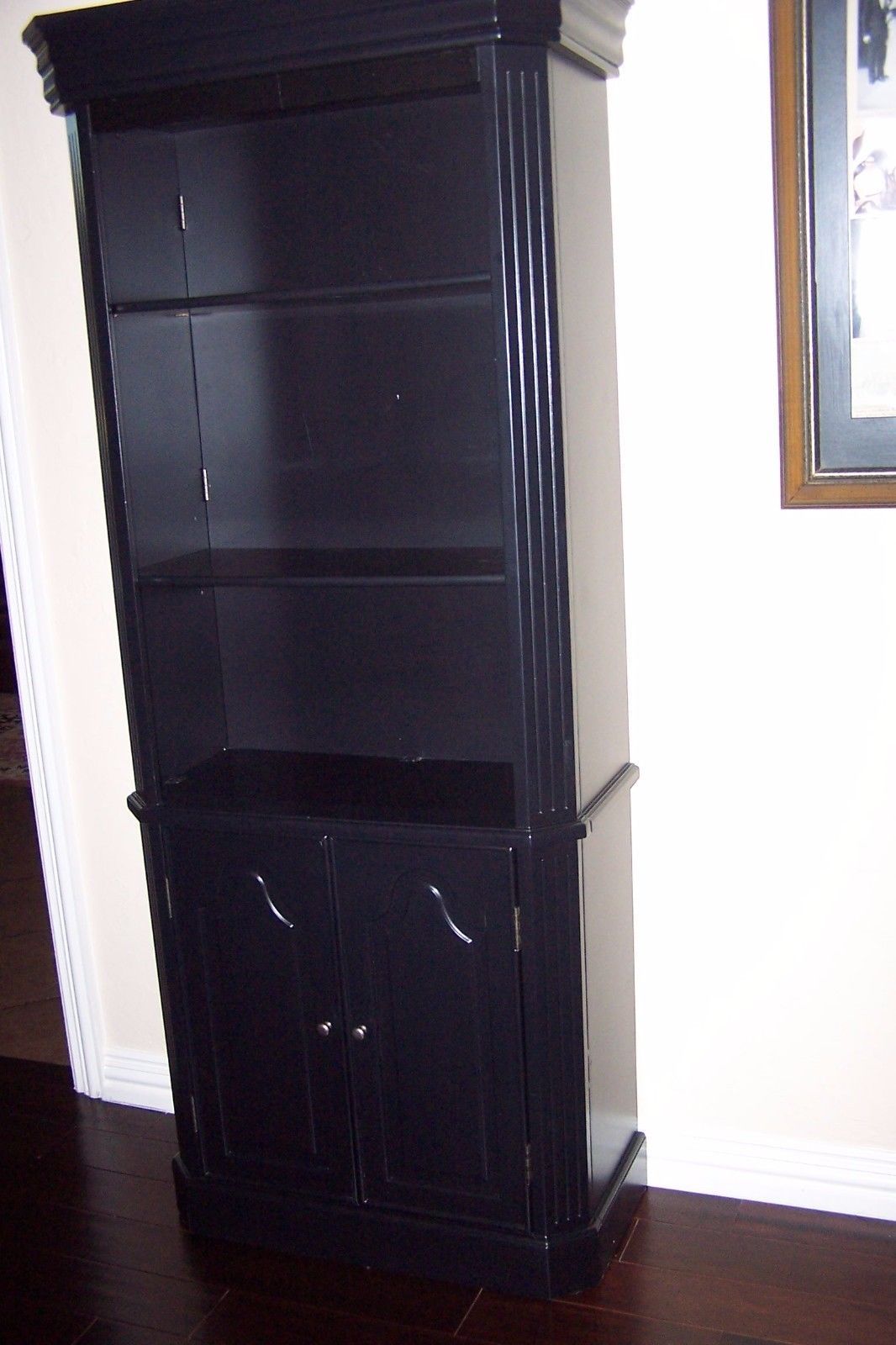 PAIR OF TALL BLACK LACQUER BOOKSHELVES. FREESTANDING