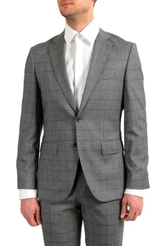Pre-owned Hugo Boss Men's "johnstons5/lenon1" Regular Fit 100% Wool Plaid Two Button Suit In Gray