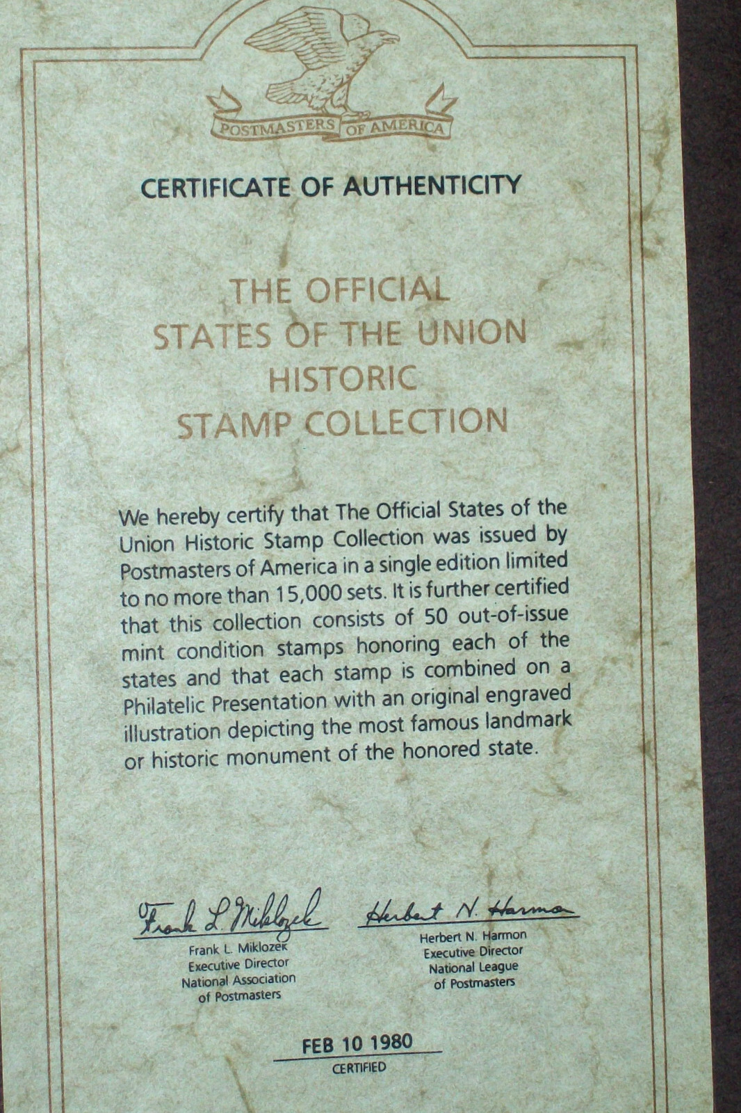 OFFICIAL UNITED STATES OF THE UNION HISTORIC STAMP COLLECTION Album Complete 50