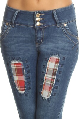 New Watch LA Clash Cuffed Plaid Patch Mid Rise Blue Skinny Jeans