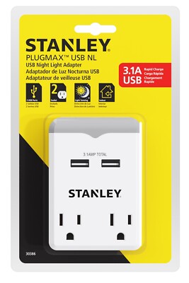 STANLEY 30386 2 outlet Wall Tap with RAPID Charging USB-A Ports &auto nightlight