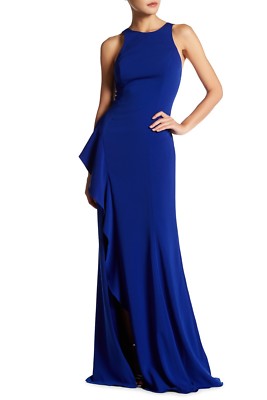 JAY GODFREY Electric Blue Watters Ruffle Front High Slit Open Back Maxi Gown 6