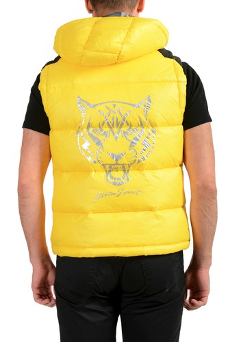 PLEIN SPORT PLEIN SPORT HERREN GELB MIT KAPUZE LOGO AUFDRUCK REISSVERSCHLUSS ÄRMELLOS WESTE