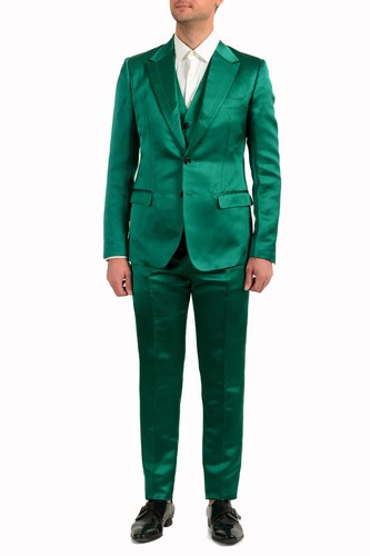 Pre-owned Dolce & Gabbana Men's 100% Silk Emerald Green Two Button Three Piece Suit