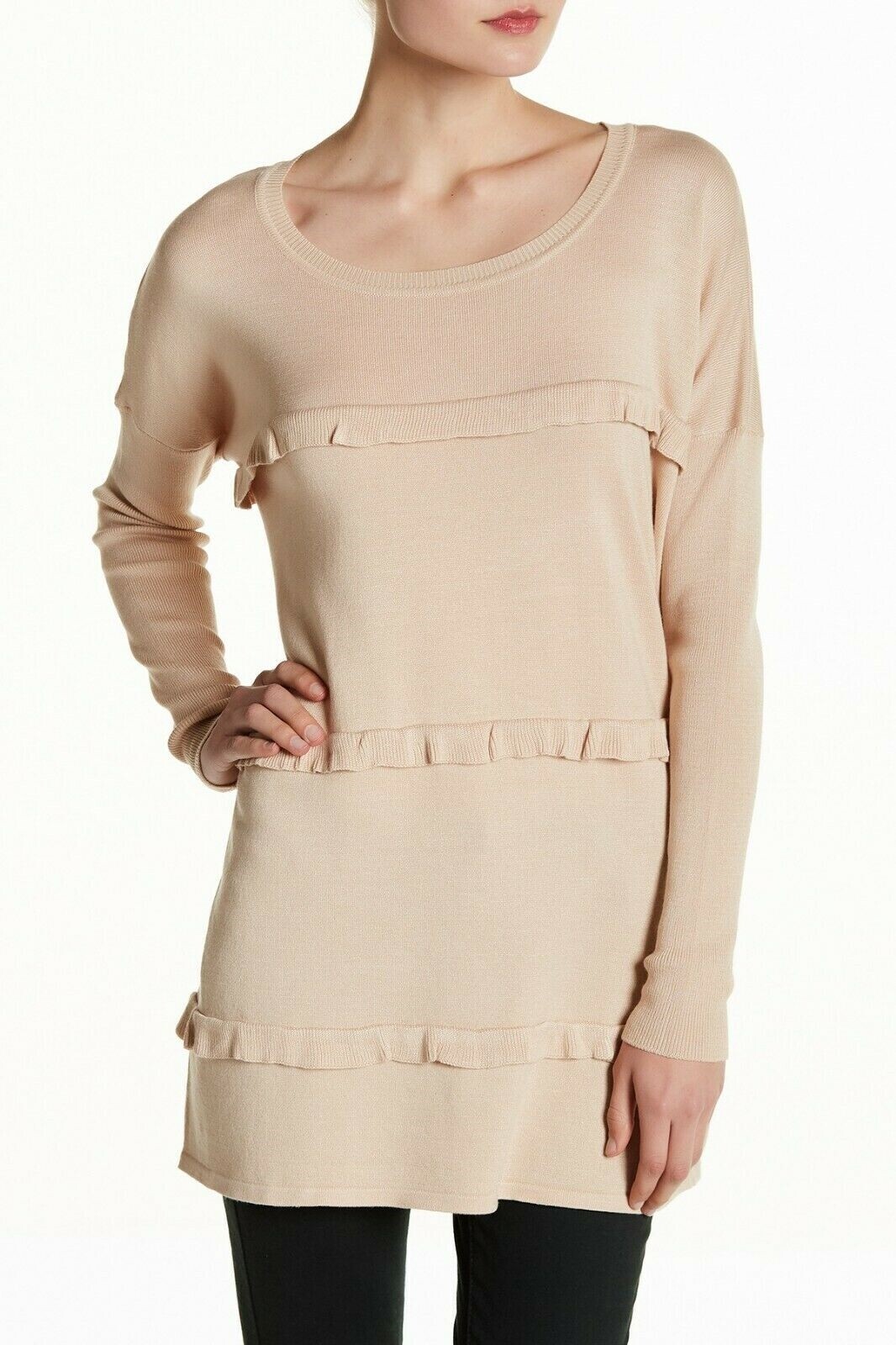 Solutions 164728 Women's Rayon Ruffle Trim Beige Pullover Tunic Sweater Size L