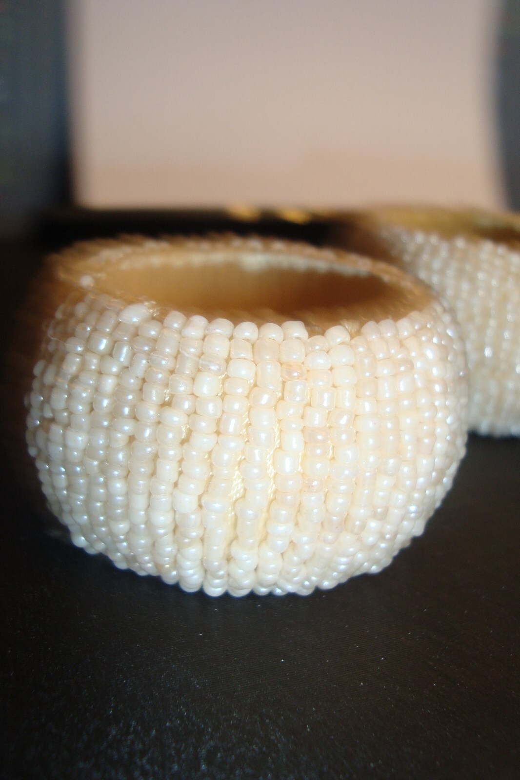 Handmade Beaded Napkin Ring Glass Beads Set of 4 Ecru Ivory Beige  New