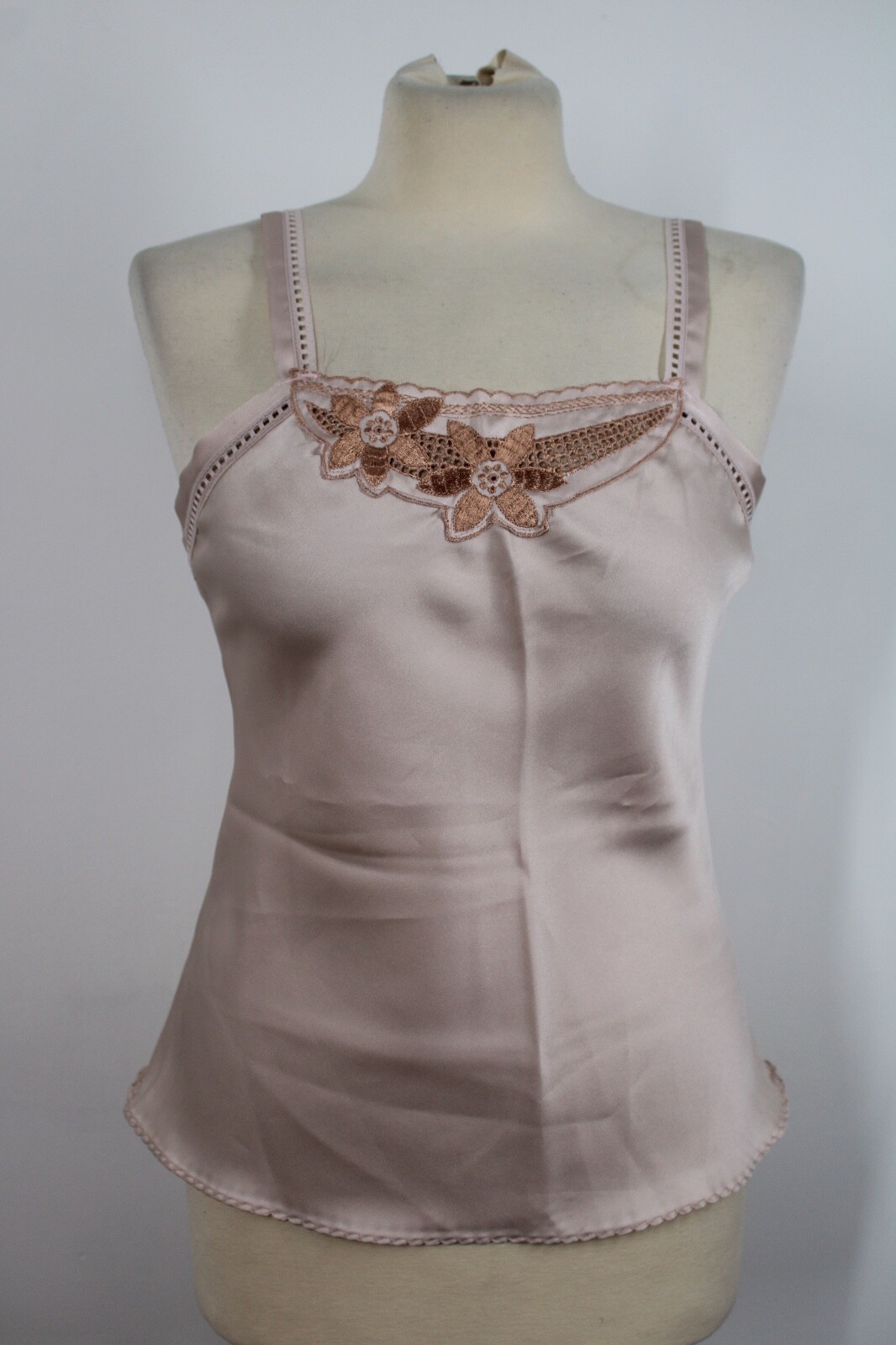 Vtg Deena 36 Pink Floral Embroidery Satin Sleeveless