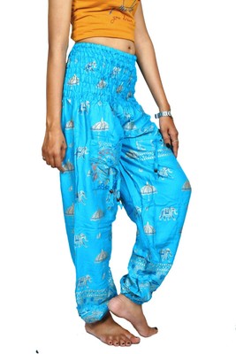 Women's Unique Belly Dance Costume Block Printed Yoga Hippie/Aladdin Pant Blue
