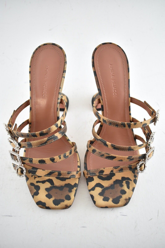 Pre-owned Amina Muaddi Robyn Slipper Satin Leopard Crystal Backless Sandal Heel Pump 41 In Black