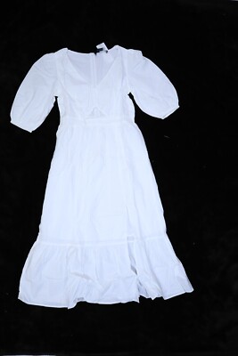 French Connection Rhodes Poplin Cut Out Midaxi Dress White Puff Sleeve Womens M