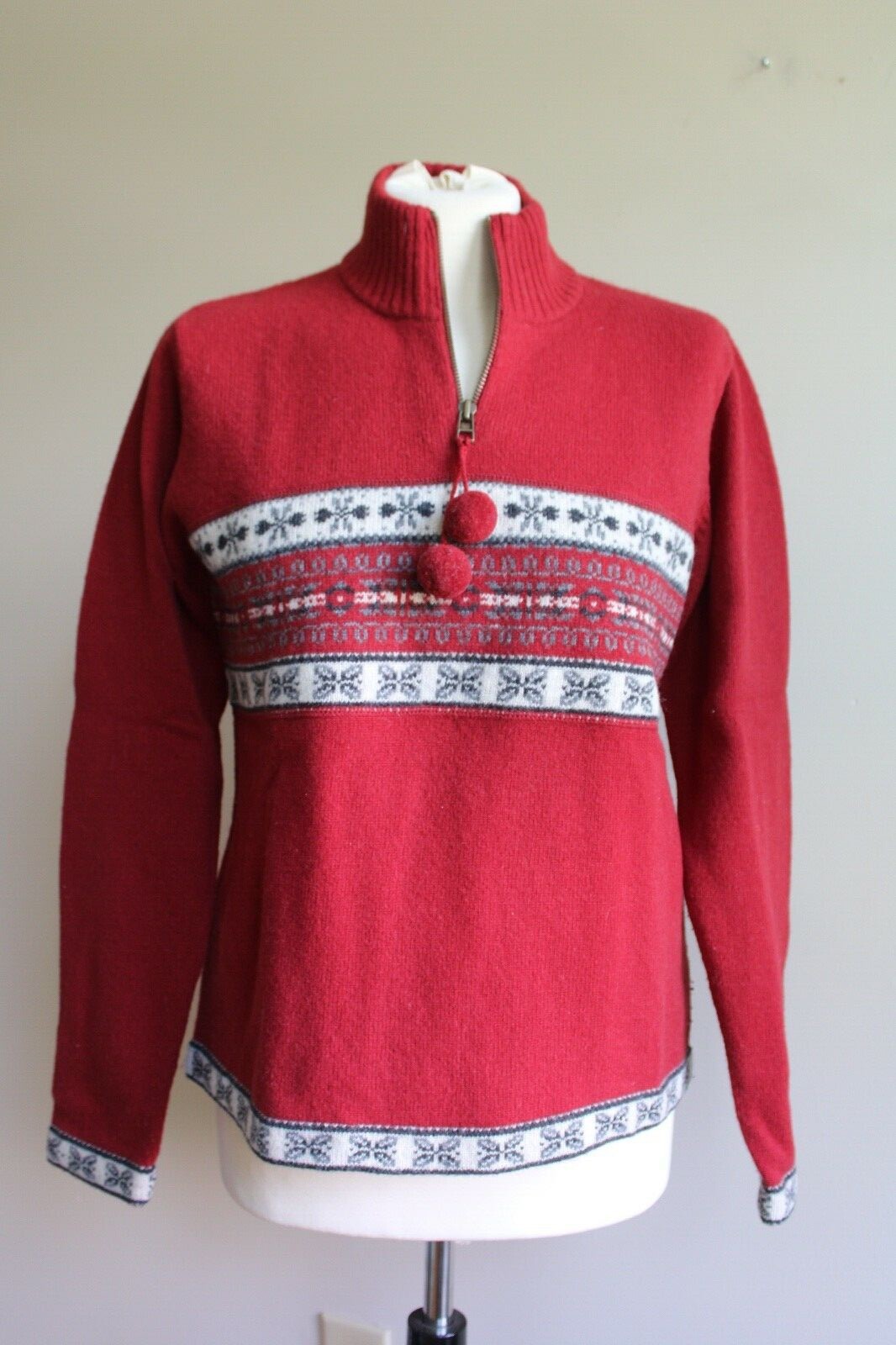 Vtg Eddie Bauer M 1/4 Zip Fair Isle Pom Pom Mock Neck 100