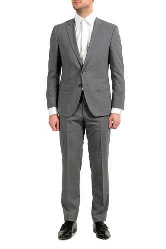 Pre-owned Hugo Boss "huge6/genius5" Men's 100% Wool Plaid Slim Gray Two Button Suit