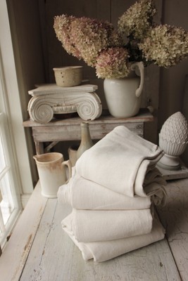 Antique French Linen Fabric Sheets 4 MATCHING upholstery weight 18th cent WASHED