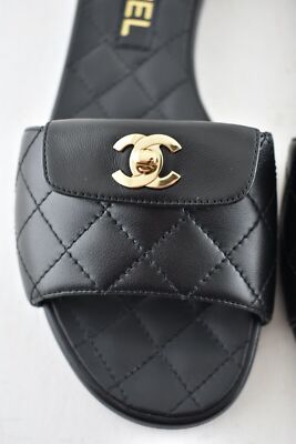 Pre-owned Chanel Rev Black Turnlock Quilted Gold Cc Logo Mules Slide Sandal Flop Flat 36.5