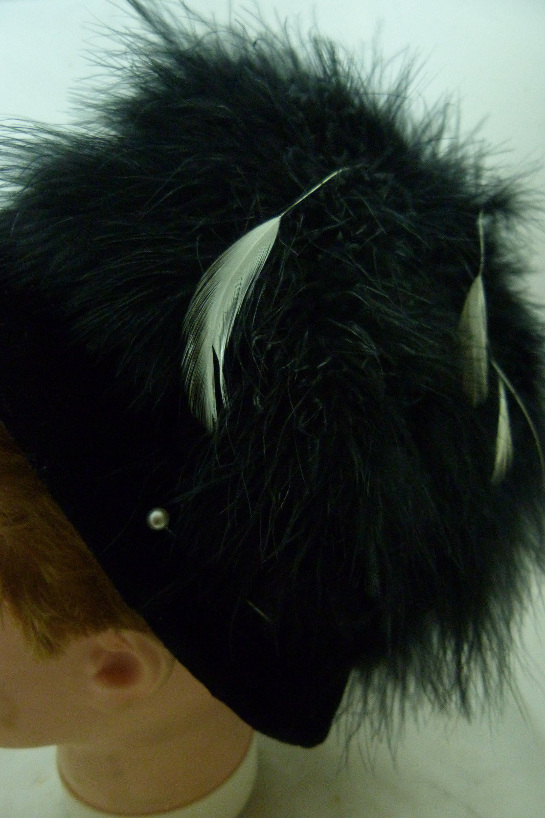 Vintage Ladies Black Feather Hat Womens Fancy Cap Fuzzy Holiday Church Sunday