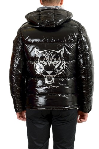 Plein Sport Men's Black Logo Print Zip Up Hooded Parka Jacket