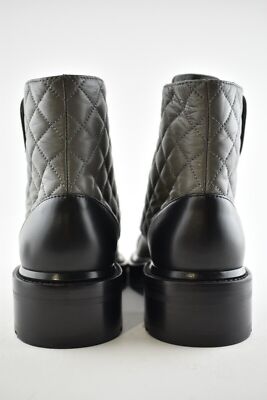 Pre-owned Chanel 21a Grey Black Quilted Cc Chain Combat Lace Up Tie Ankle Short Boots 40