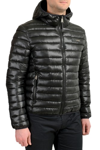 Plein Sport Men's Black Hooded Logo Print Zip Up Parka Jacket