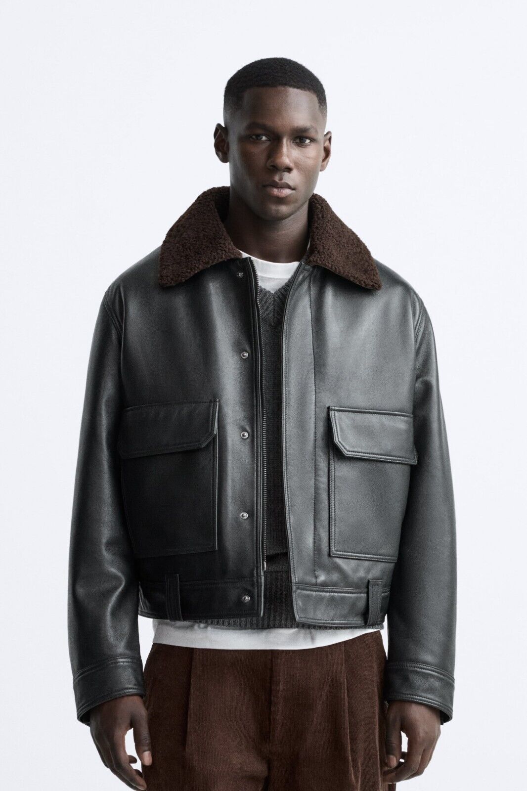 New Zara Aviator Leather Jacket w Faux Shearling S M L 5479 New Zara Aviator Leather Jacket w Faux Shearling S M L 5479