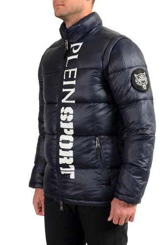 PLEIN SPORT PLEIN SPORT HERREN MARINEBLAU LOGO AUFDRUCK REISSVERSCHLUSS PARKA WESTE MIT ÄRMEL