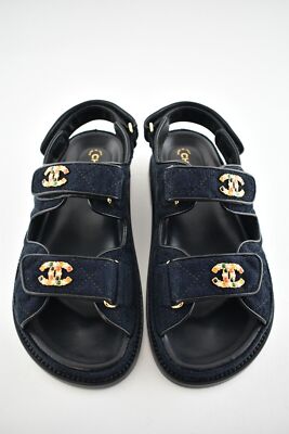 Pre-owned Chanel 21a Blue Velvet Denim Cc Logo Mule Slide Strap Flat Teva Dad Sandal 38
