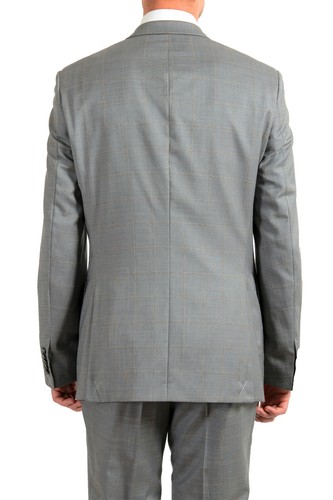 Pre-owned Hugo Boss Men's "t-harvers4/glover3" Slim Fit Silk Wool Plaid Two Button Suit In Gray