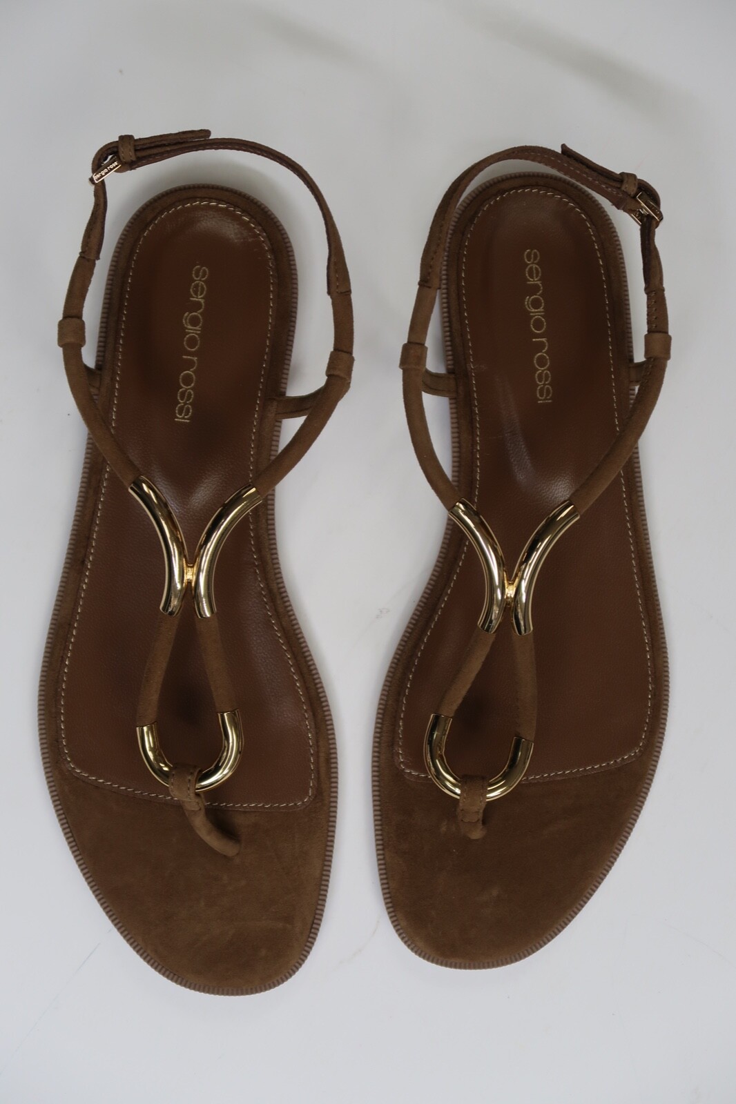 Pre-owned Sergio Rossi Women's Gold Hardware Twist Brown Flat Thong Sandals Eu 39 $595