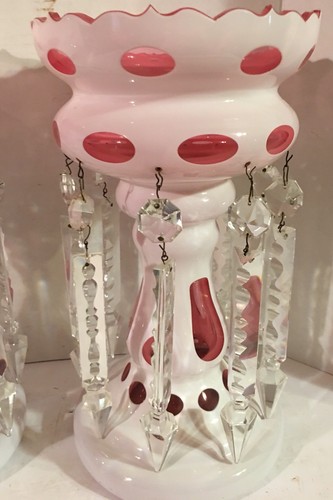 RARE Pair Mantle Lusters COIN DOT OPTIC White Cut to Cranberry Large Size Moser