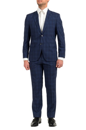 Pre-owned Hugo Boss Men's "jeckson/lenon1" Regular Fit Plaid 100% Wool Two Button Suit In Blue/navy Blue