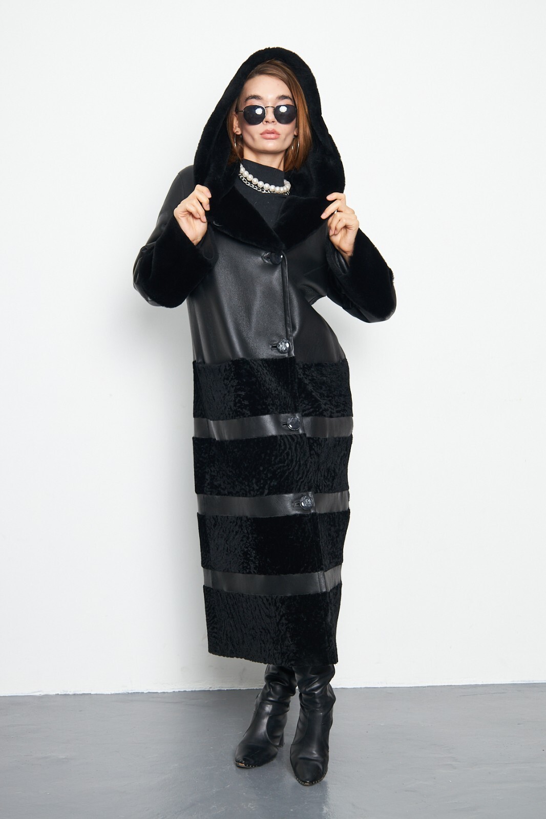 Pre-owned Handmade Astrakhan Fur Genuine Leather Coat Bdchsn01 In Black