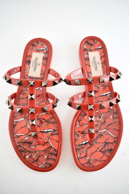 Pre-owned Valentino Garavani Valentino Rockstud Red Black Rubber Lipstick Jelly Pvc Stud Cage Flat Sandal 40