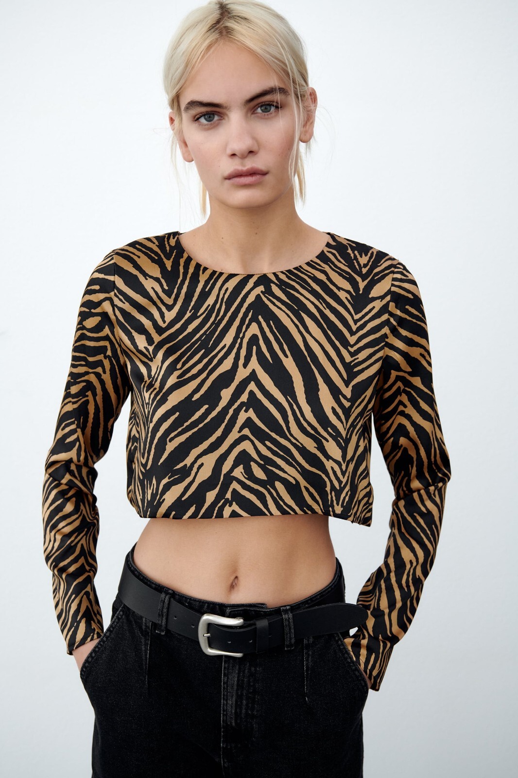 Zara Women's Crop Top Blouse Black/Brown Animal Print Satin