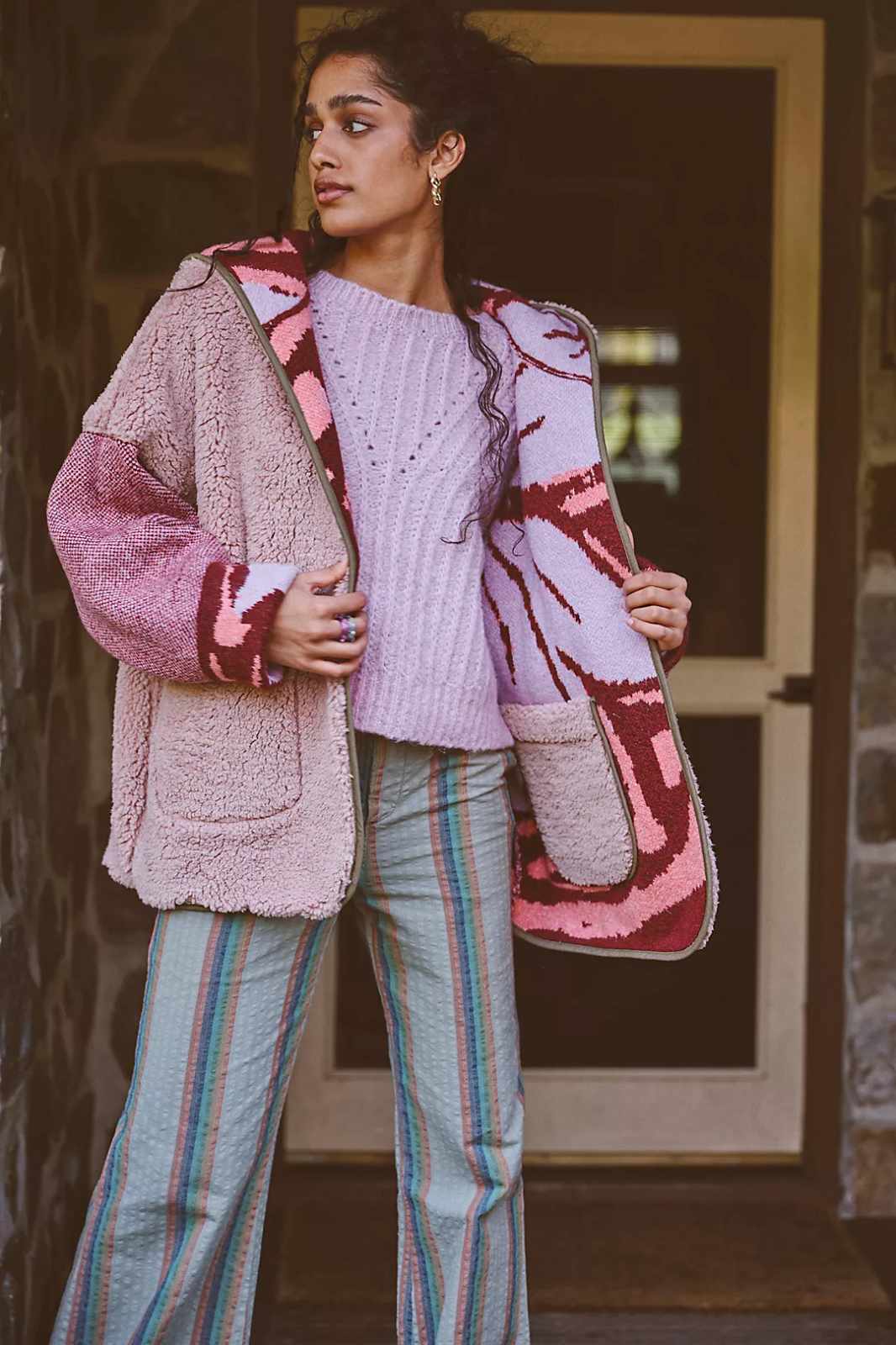 Pre-owned Free People Winter Chill Jacket Coat $268 S M L Reversible Oversized Fleece In Multicolor
