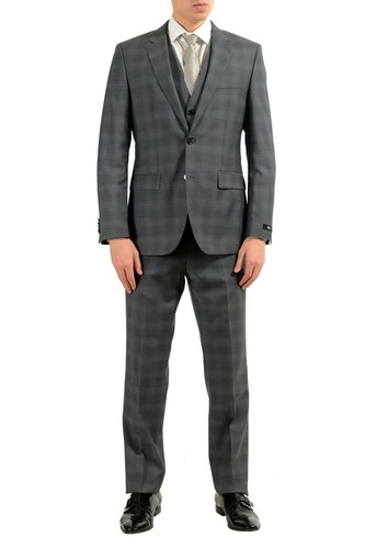 Pre-owned Hugo Boss "the Grand/central2we" Men's 100% Wool Plaid Three Piece Suit In Gray
