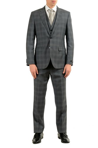 Pre-owned Hugo Boss "the Grand/central2we" Men's 100% Wool Plaid Three Piece Suit In Gray