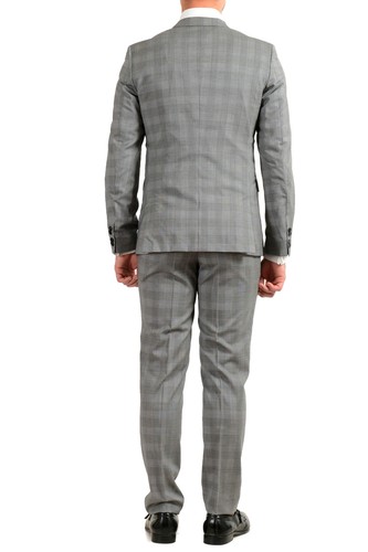 Pre-owned Hugo Boss "astian/hets182" Men's 100% Wool Extra Slim Fit Plaid Two Button Suit In Gray