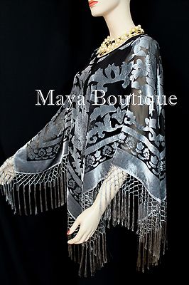 Pre-owned Maya Matazaro Poncho Shawl Top With Fringe Silver Gray Black Burnout Velvet  Usa