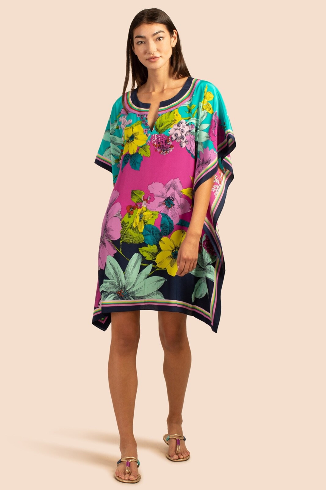 Pre-owned Trina Turk Theodora Grand Garden Silk Crepe De Chine Caftan Flowy Dress M L $348 In Multicolor