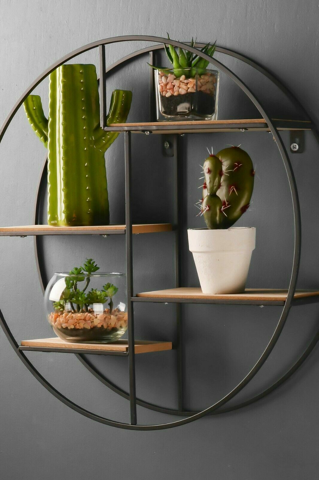 Retro Industrial Style Circle Wall Shelf Round Shelving Unit Metal Wood