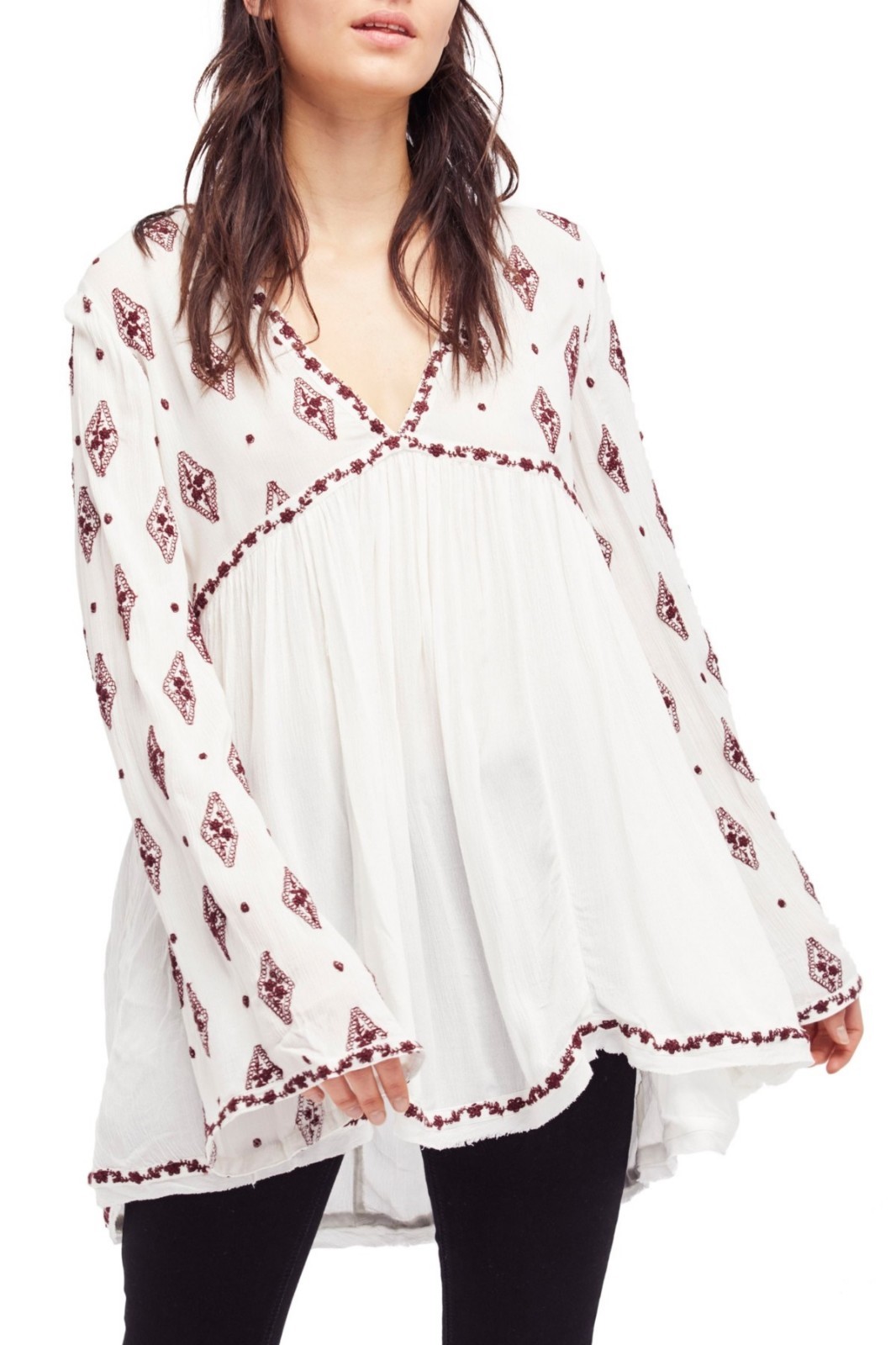 Free People OB475341 Ivory Embroidered Bell Sleeve Top/Tunic