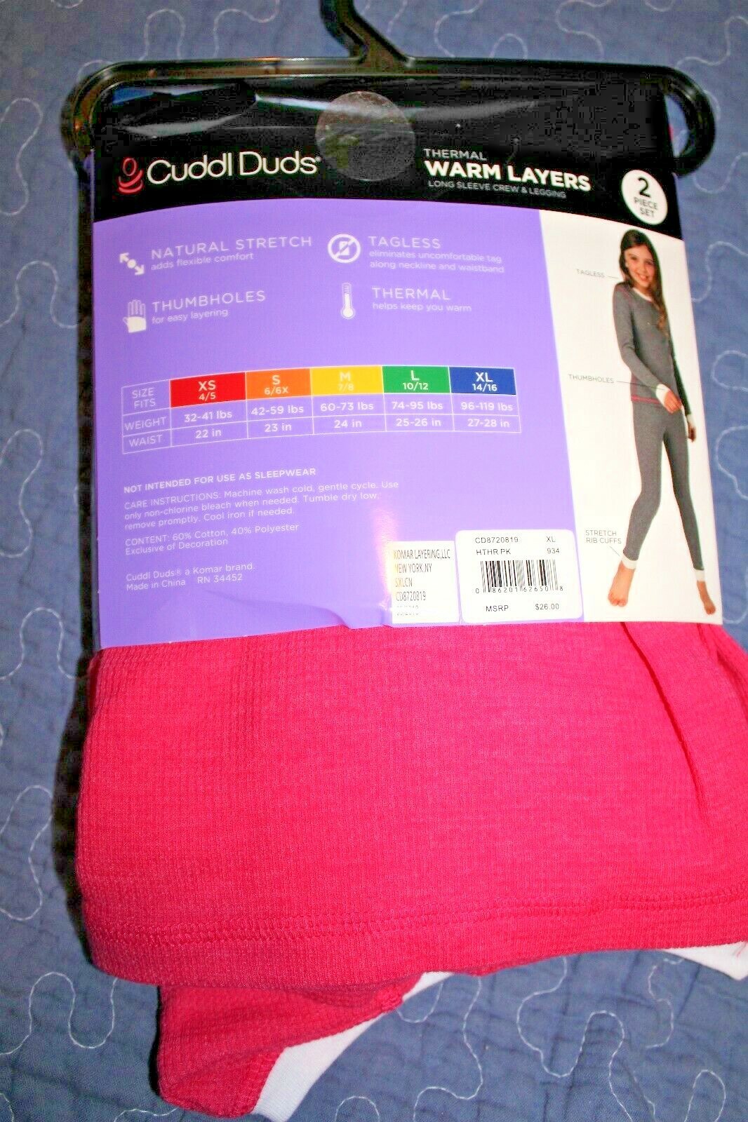 XS 4 / 5 Cuddl Duds Girls Warm Layers Comfortech Stretch Poly Pink  2pc NWT