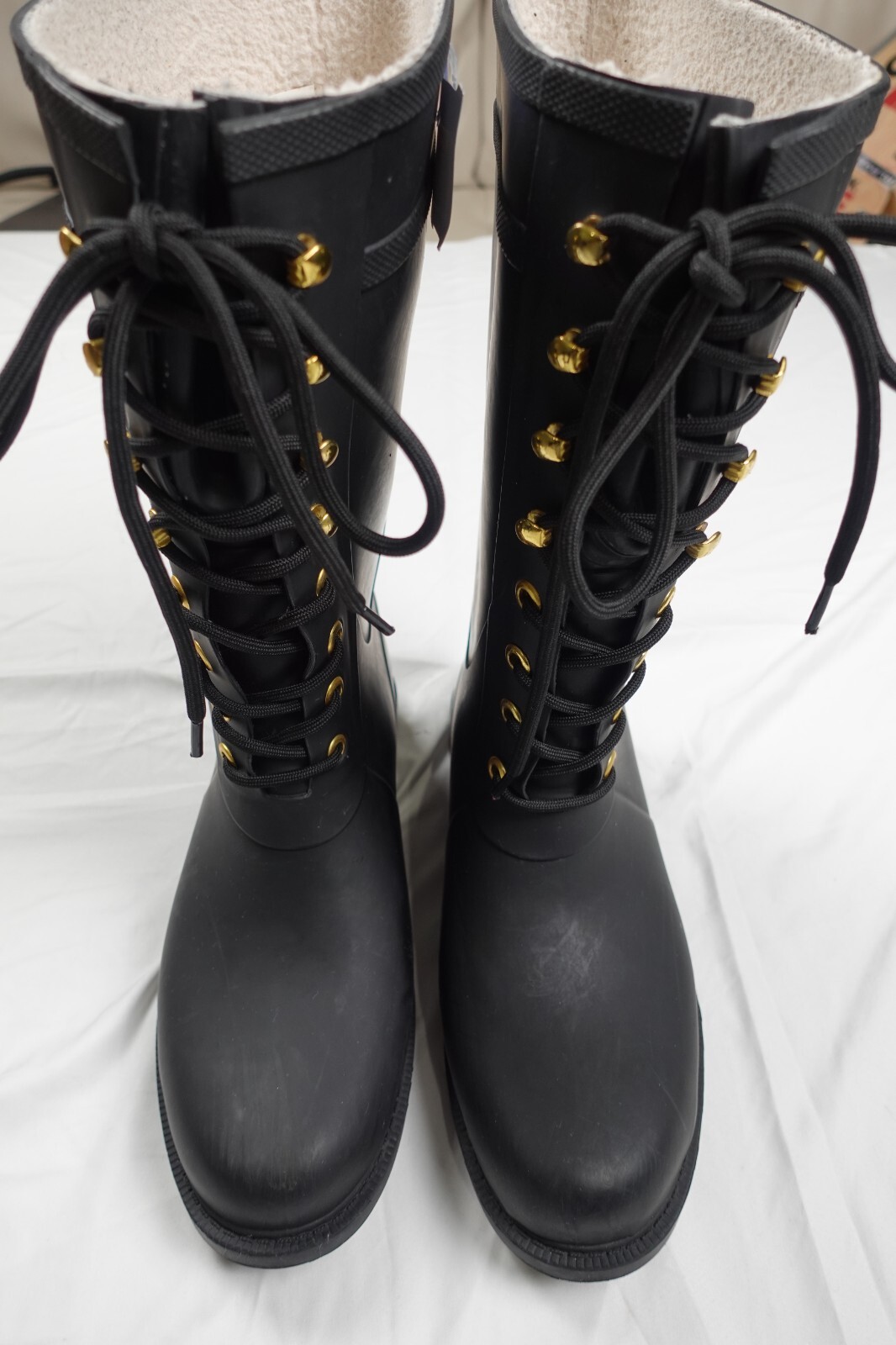 Women's Sam Edelman Black Rain Boots Rubber Gold Grommets