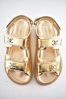 Pre-owned Chanel 22c Golden Gold Laminated Cc Logo Mule Slide Strap Flat Dad Sandal 36.5