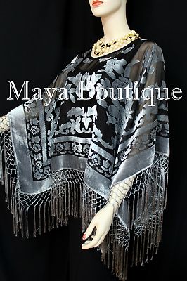 Pre-owned Maya Matazaro Poncho Shawl Top With Fringe Silver Gray Black Burnout Velvet  Usa