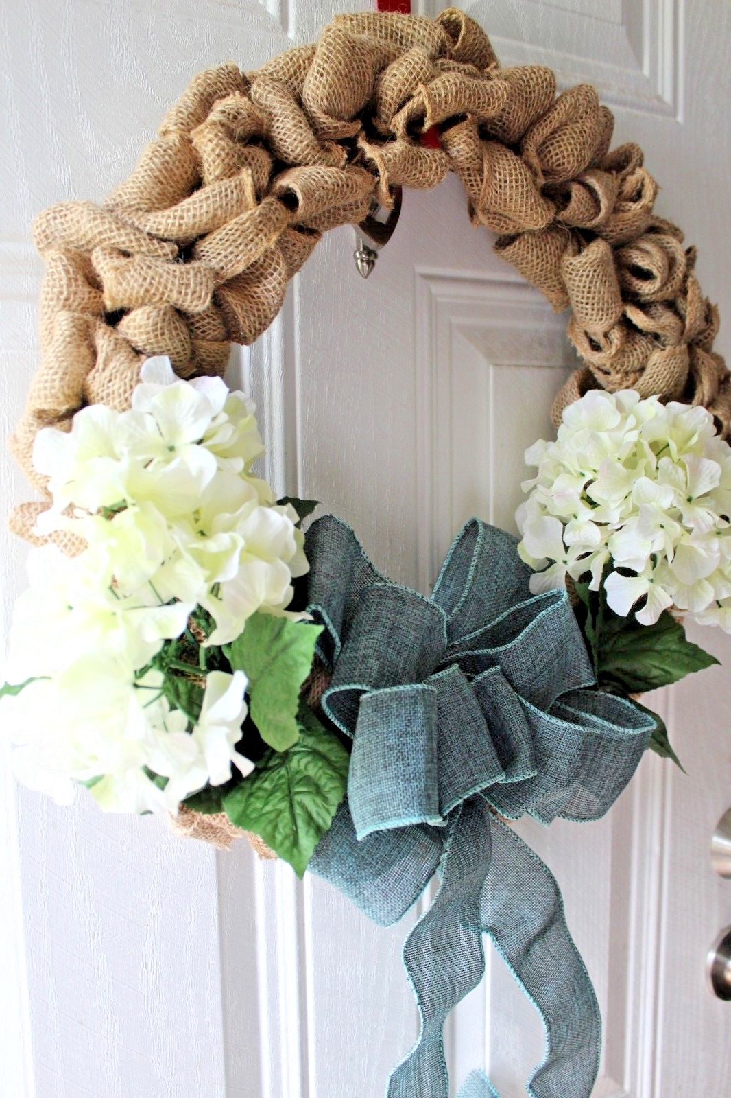 Burlap Wreath, White hydrangea Green bow Year Round Burlap 24
