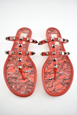 Pre-owned Valentino Garavani Valentino Rockstud Red Black Rubber Lipstick Jelly Pvc Stud Cage Flat Sandal 40