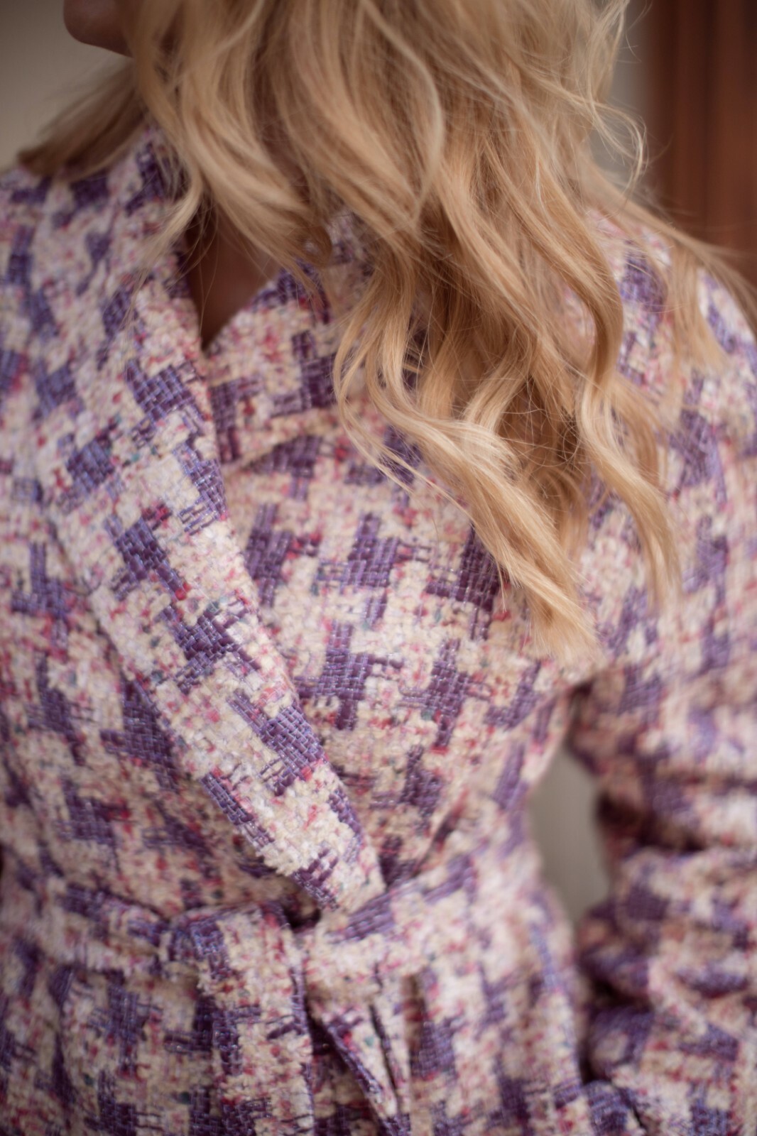 Pre-owned Studio Women´s Tweed Jacket Boucle Cotton Blend Pink Lilac Houndstooth Oversized