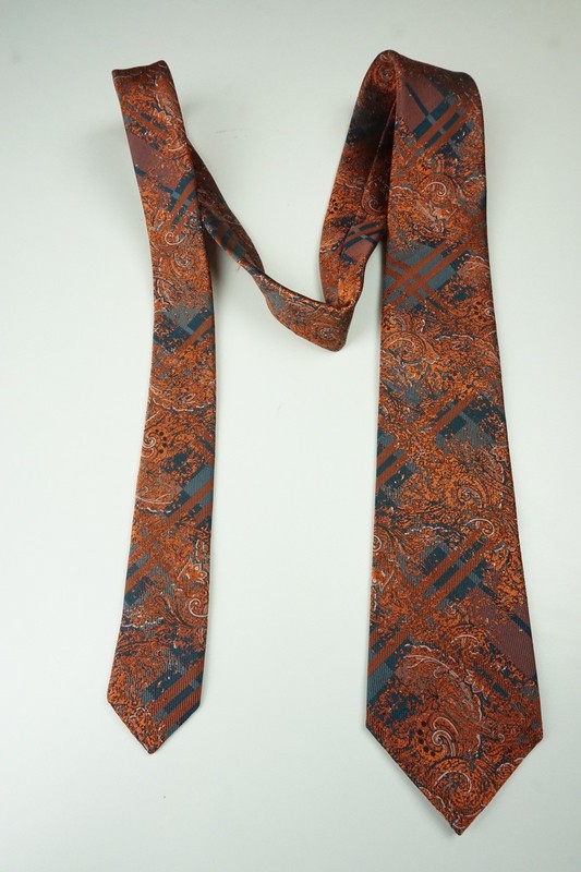 Brioni Silk Shiny Fire Orange Blue Plaid Woven Paisley Standard