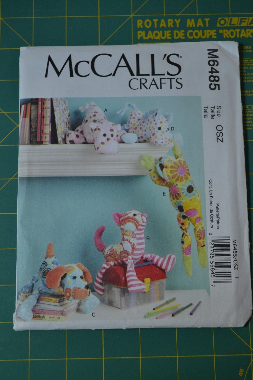 McCalls M6485 sewing pattern, five stuffed animals, hippo cat dog horse frog